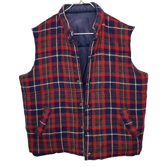 Men's Arrow Red Plaid Blue Reversible Wool Vest L - Picture 5 of 13
